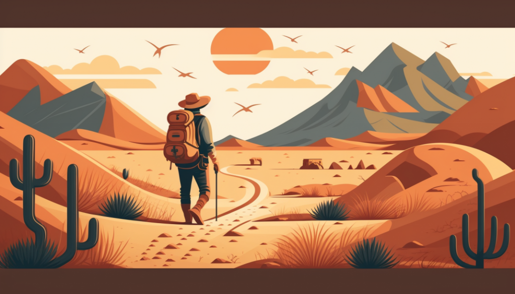 a backpacker walks in a desert