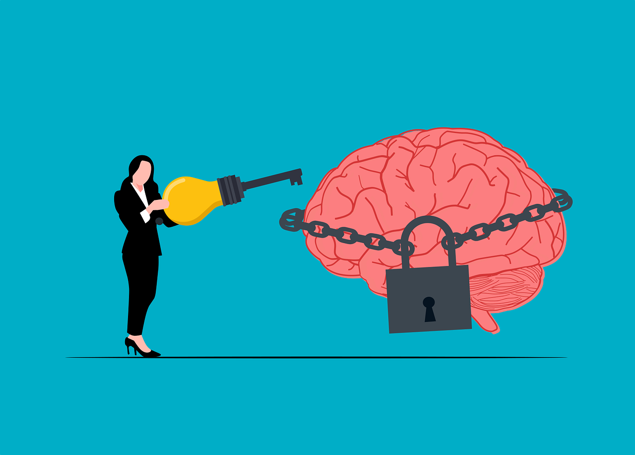 A lady is trying to unlock a chained brain.